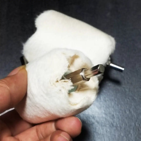 3 Pack White Flannel Polishing Wheels Quarter Inch Hex Shank For Knockout Shine And Hella Durable Cotton Buffing Pads showing attached wheel.