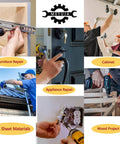 Collage of DIY projects including furniture repair, cabinet installation, appliance repair, and wood projects using tools.