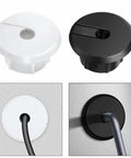 Super Sleek Black Plastic 3 4 Inch Wall Cable Grommets Starlink Routing Kit Pass Through Holes For Neat Wire Management On Desks And Tables To Keep Cords Hidden And Setup Looking Clean And Modern., black cable grommet installed in desk hole with cord