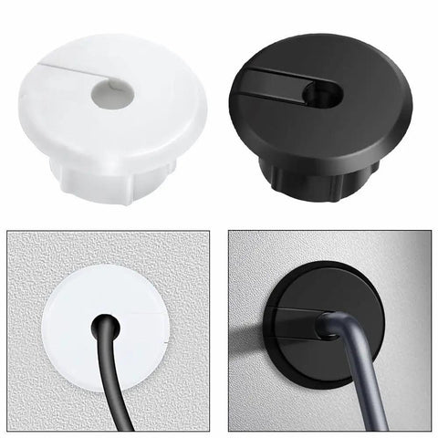 Super Sleek Black Plastic 3 4 Inch Wall Cable Grommets Starlink Routing Kit Pass Through Holes For Neat Wire Management On Desks And Tables To Keep Cords Hidden And Setup Looking Clean And Modern., black cable grommet installed in desk hole with cord