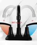 Matte Black Bathroom Sink Faucet, 4 Inch Centers, Modern Single Hole Design, BF023-MB with 360-degree swivel spout ability.