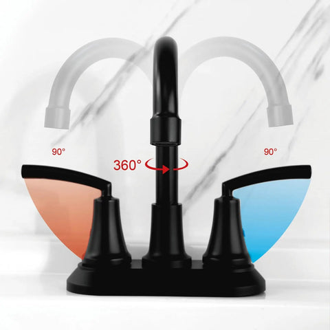 Matte Black Bathroom Sink Faucet, 4 Inch Centers, Modern Single Hole Design, BF023-MB with 360-degree swivel spout ability.
