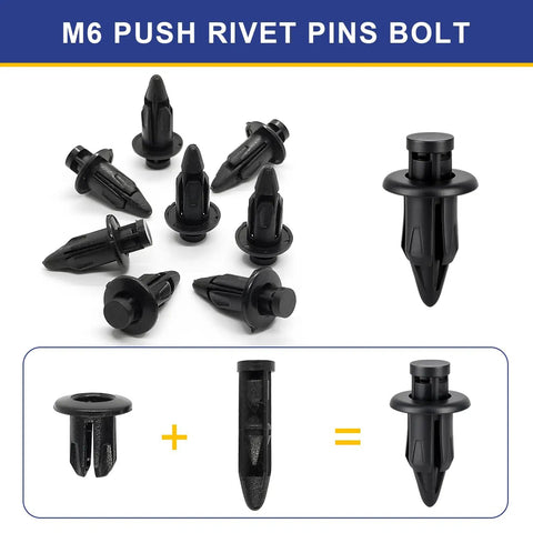 Universal Plastic Rivet Kit 120Pc For ATV UTV Motorcycle M6 push rivet pins bolt set displayed with assembly diagram