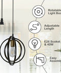 Plug In Industrial Pendant Light With Rotatable Cage, shown with E26 socket and adjustable height, black and gold.