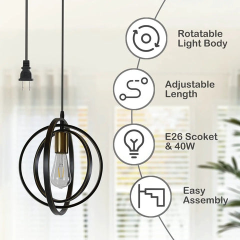 Plug In Industrial Pendant Light With Rotatable Cage, shown with E26 socket and adjustable height, black and gold.