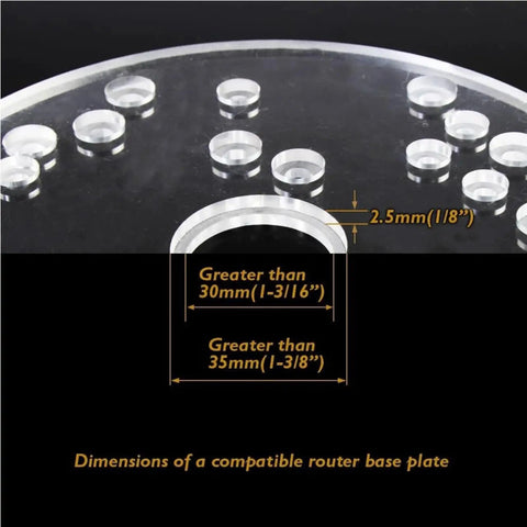 Clear template guide with dimensions for compatible router base plates in Top Shelf 11 Piece Solid Brass Router Bushing Set And Template Guide Kit.
