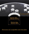 Diagram showing dimensions for a compatible router base plate with various hole sizes for Badass 11 Piece Brass Router Bushing Set.