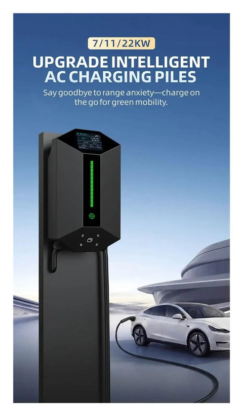 Top Shelf Smart EV Charger Wall Box With Bluetooth And Wifi App Tracking Rfid Card Swipe Type Two Plug mounted on wall for charging.