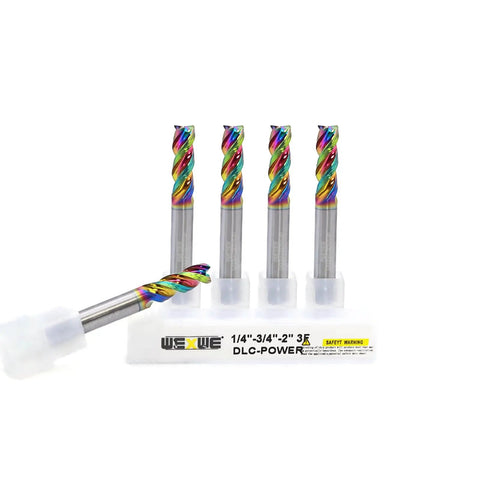 Pro-Grade DLC Diamond-Like Coated Carbide End Mill Set 1/4 Inch 5 Pack 3 Flute Square End Mills For Aluminum Copper Magnesium Alloys High Silicon Aluminum And Composite Materials on display.