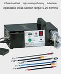 Top Tier Automatic Wire Terminal Crimping Tool, Multifunction Electric Plier Machine for 0.25 To 10mm2 Cables, includes controls and cable connectors.