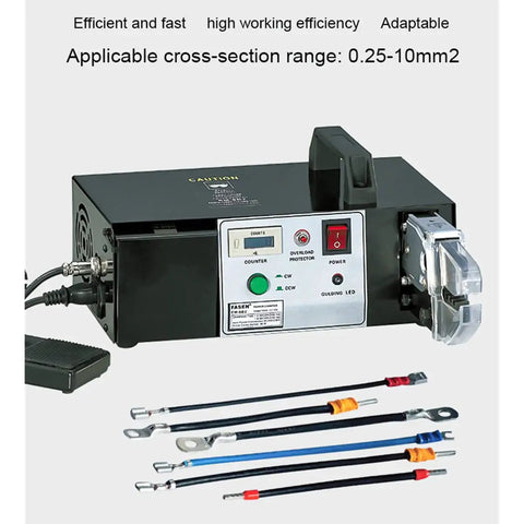 Top Tier Automatic Wire Terminal Crimping Tool, Multifunction Electric Plier Machine for 0.25 To 10mm2 Cables, includes controls and cable connectors.