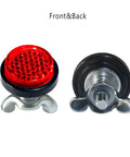 Red Reflectors Motorcycle License Plate Bolts And Nuts Kit with front and back view of mini decorative M5 screws for bikes.