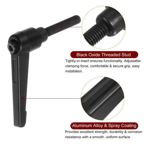 Close-up of a 6Pcs Black Aluminum Alloy Quick Release Clamping Lever Handle M6 X 40mm showing threaded stud for easy installation.