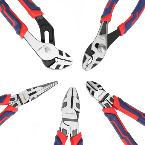 Cr V Pliers Set With 6 Inch Slip Joint Pliers, 8 Inch Groove Joint Pliers, 7 Inch Linesman Pliers, Long Nose Pliers, Diagonal Cutting Pliers