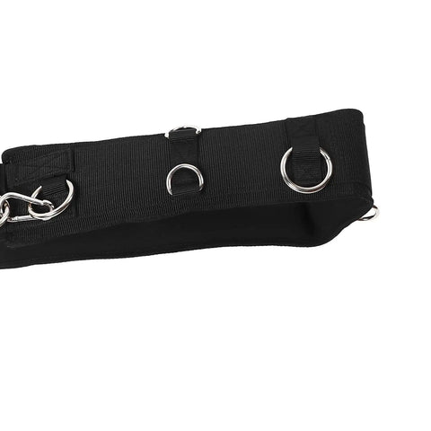 Adjustable Horse Training Surcingle For Ground Driving And Lunging With Secure Buckle, D-rings detail, black material, close-up