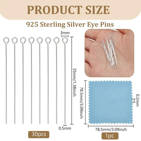 Sterling Silver Eye Pins For Jewelry Making, 24 Gauge 1.4 Inch, 30 Pcs, 925 Silver Head Pins For Pendants And Earrings, Lightweight Shine, Ideal DIY Bling Jewelry Craft Supplies, 35mm size chart