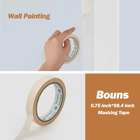 Person applying 0.75 inch masking tape for DIY Ready 17 Piece Paint Roller Kit With 9 Inch And 4 Inch Rollers, Trays, Frames, Microfiber Covers, Brushes, Self Dip Handle, And Sandpaper For Easy Indoor Wall Painting And Home Improvement.