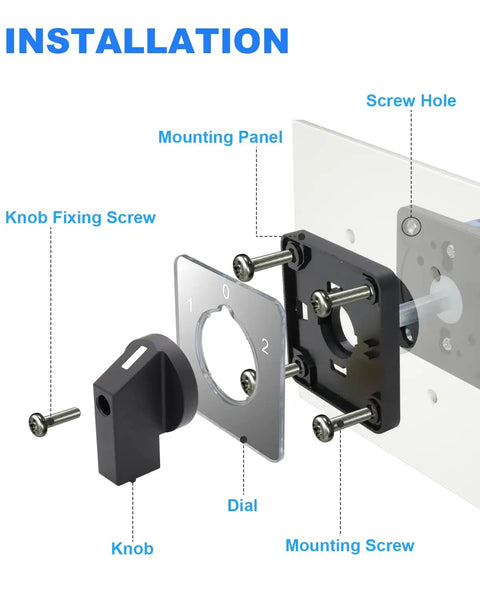 Built Tough Multi Transfer Switch 660V 63A 3 Position Changeover With 12 Terminals For RV Camper And Boat Electrical System Durable Copper Core Rotary Switch For Reliable Power Switching installation view with knob, dial, mounting panel and screws