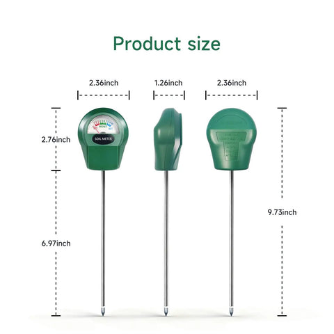 Three views of the Precise Soil Moisture Meter for Plants, Hygrometer Water Monitor and Moisture Tester with size dimensions.