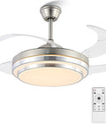 Slick Retractable Blades Ceiling Fan With Lights Remote Control For Bedroom Living Room Office Kitchen Dining 42 Inch Noiseless DC Motor Nickel Finish