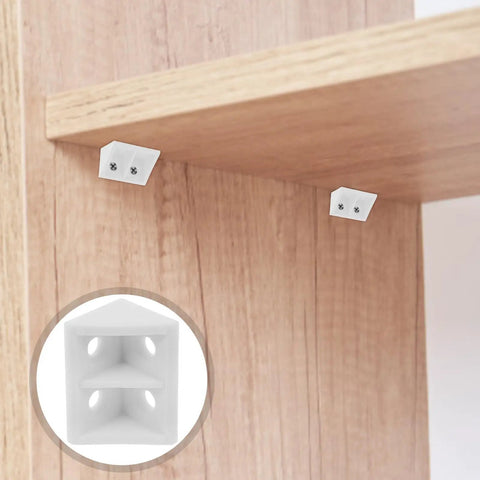 Heavy Duty Plastic Corner Braces For Cabinets And Shelves 20 Pack White 4 Hole Corner Connectors installed on wood shelf