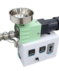 Straight Up Solid 3D Printer Filament Recycler Machine With Super Slick Thermal Controls For Big Time Material Savings On Customizable PLA And ABS Plastic Extrusion showing stainless steel hopper and motor.