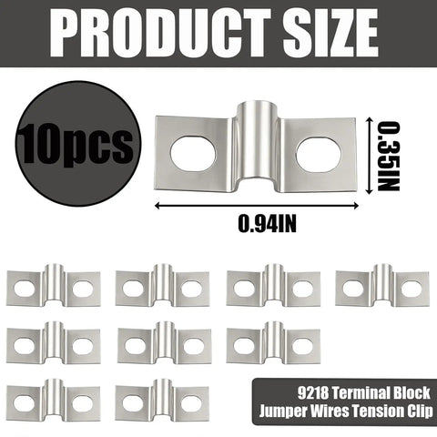 Techie Friendly Terminal Block Jumper Wires Tension Clips Kit 10 Pieces shown with dimensions 0.94in x 0.35in and product layout