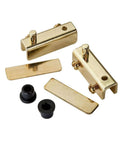 Satin Black Glass Door Pivot Hinge Pair For Free Swinging Glass Doors No Drilling Required in polished brass finish, components displayed