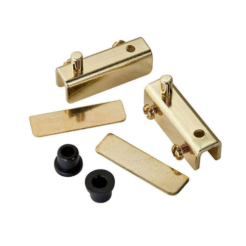 Satin Black Glass Door Pivot Hinge Pair For Free Swinging Glass Doors No Drilling Required in polished brass finish, components displayed