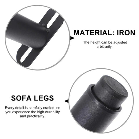 Adjustable Black Iron Furniture Support Legs Set for Beds, Cabinets, and Sofas, highlighting iron material and adjustable height
