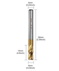 Side view: 4-flute titanium-coated carbide end mill bit, 6 mm dia, 58 mm length, straight shank.