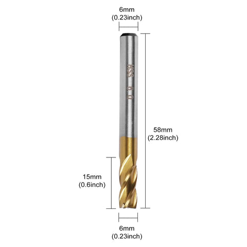 Side view: 4-flute titanium-coated carbide end mill bit, 6 mm dia, 58 mm length, straight shank.