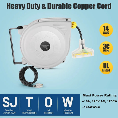 Long Reach Retractable Extension Cord Reel With 30 Foot Cord And 9.5 Foot Leader Ceiling Or Wall Mount 16 Gauge Power Cord