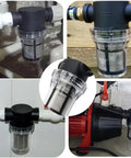 Inline 3/4 Inch Female NPT Strainer With 100 Mesh Stainless Steel Filter Screen Sediment Filter For RV Water Tanks Garden Hoses And Pressure Washers Available In 1/2 Inch And 3/4 Inch Thread Sizes installed in various setups.