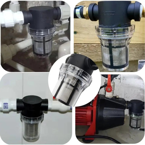 Inline 3/4 Inch Female NPT Strainer With 100 Mesh Stainless Steel Filter Screen Sediment Filter For RV Water Tanks Garden Hoses And Pressure Washers Available In 1/2 Inch And 3/4 Inch Thread Sizes installed in various setups.