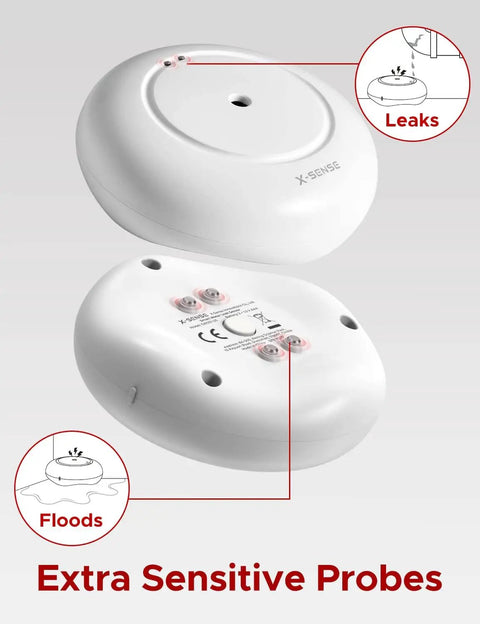 Smart WiFi Water Leak Alarm System With Three Detectors And Base Station Real Time Heads Up Phone Alerts 1700 Ft Transmission Range For Kitchen Basement Bathroom Works With 2.4 GHz WiFi Easy Setup No Drama Peace Of Mind, shown with extra sensitive probes, highlighting leaks and floods detection.