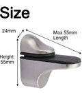 4 Pack Zinc Alloy Brushed Duckbill Glass Shelf Clamps, 55mm height, adjustable support bracket dimensions