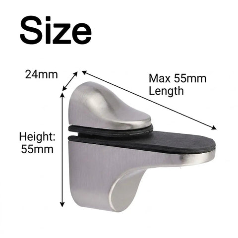 4 Pack Zinc Alloy Brushed Duckbill Glass Shelf Clamps, 55mm height, adjustable support bracket dimensions