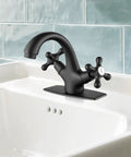 Matte Black Single Hole Bathroom Faucet With Cross Handles Lavatory Vessel Sink Mixer Tap No Fuss Install Pop Up Drain Deck Plate Solid Brass Build Anti Rust Finish Low Flow 1.19 GPM