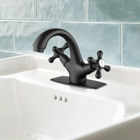Matte Black Single Hole Bathroom Faucet With Cross Handles Lavatory Vessel Sink Mixer Tap No Fuss Install Pop Up Drain Deck Plate Solid Brass Build Anti Rust Finish Low Flow 1.19 GPM