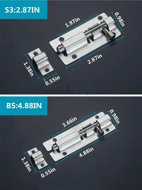 Heavy Duty Sliding Door Latch Lock 5 Inch Barrel Gate Bolt Set In Solid Stainless Steel For Privacy And Safety, 2-pack sizes shown