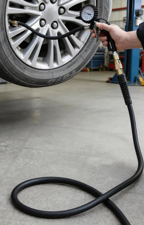 Person using Three Eighths Inch Hybrid Air Hose 50 Foot Heavy Duty Air Compressor Hose With Kink Resistant Design to inflate car tire.