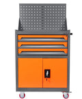 Front view of heavy duty tool box organizer on wheels with locking drawers and pegboard for garage and workshop use.