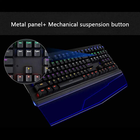 Top view of Slick 108 Key Mechanical Gaming Keyboard with metal panel, mechanical suspension buttons, and RGB lighting.