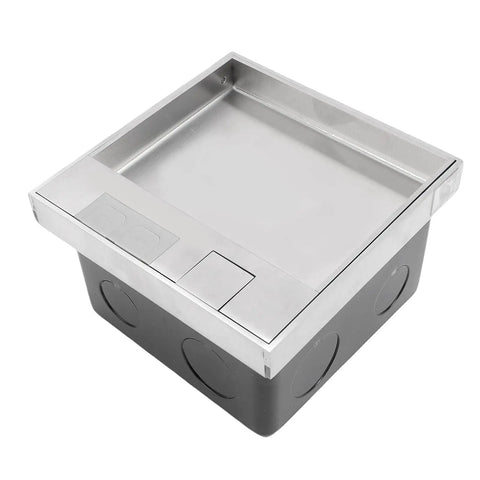 Slick Recessed Floor Electrical Outlet Kit With No Fuss Flip Lid Silver Stainless Steel Body includes power and data slots.