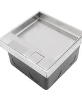 Built Heavy Recessed Floor Electrical Outlet Kit With Zero Drama Access And Bombproof Weather Sealing Flat Concealed Power Socket for hardwood and tile, stainless steel housing.