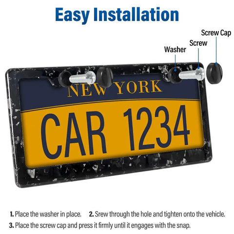 Fresh Dope Forged Carbon Fiber License Plate Frame Slick Real Carbon Tag Holder Cover For Your Ride With Tight Screw Caps Secure Two Hole Mount Rust Free And Weather Shield Lightweight Two Pack, showing installation process.