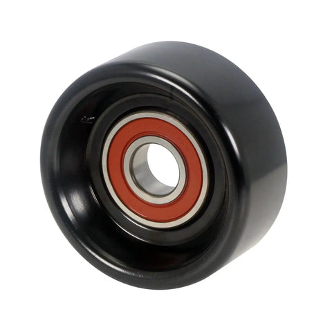 Beefy Serpentine Belt Drive Idler Pulley And Tensioner For OEM-Quality Routing, Heavy-Duty Belt Wheel That Fits Cars And SUVs, Easy Install Replacement For Reliable Power And Slippage-Free Performance, black steel pulley with red bearing