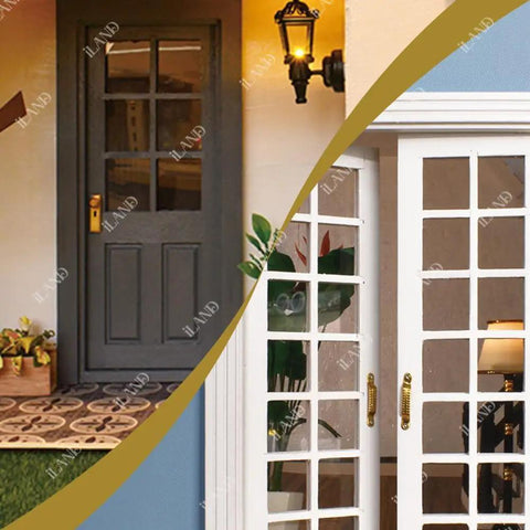 Top Tier 1/12 Scale Dollhouse Accessories Kit With Legit 700 Pieces Of Mini Knobs Hinges Handles And Locks Plus Screws And Screwdriver For Pretty Dang Cool Furniture Fixes And Sweet Tiny Craft Projects featuring a stylish front door and French doors.