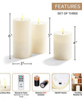 Set of three waterproof outdoor flameless pillar candles in ivory resin, sizes 3x4, 3x5, 3x6 inches, with remote and timer.